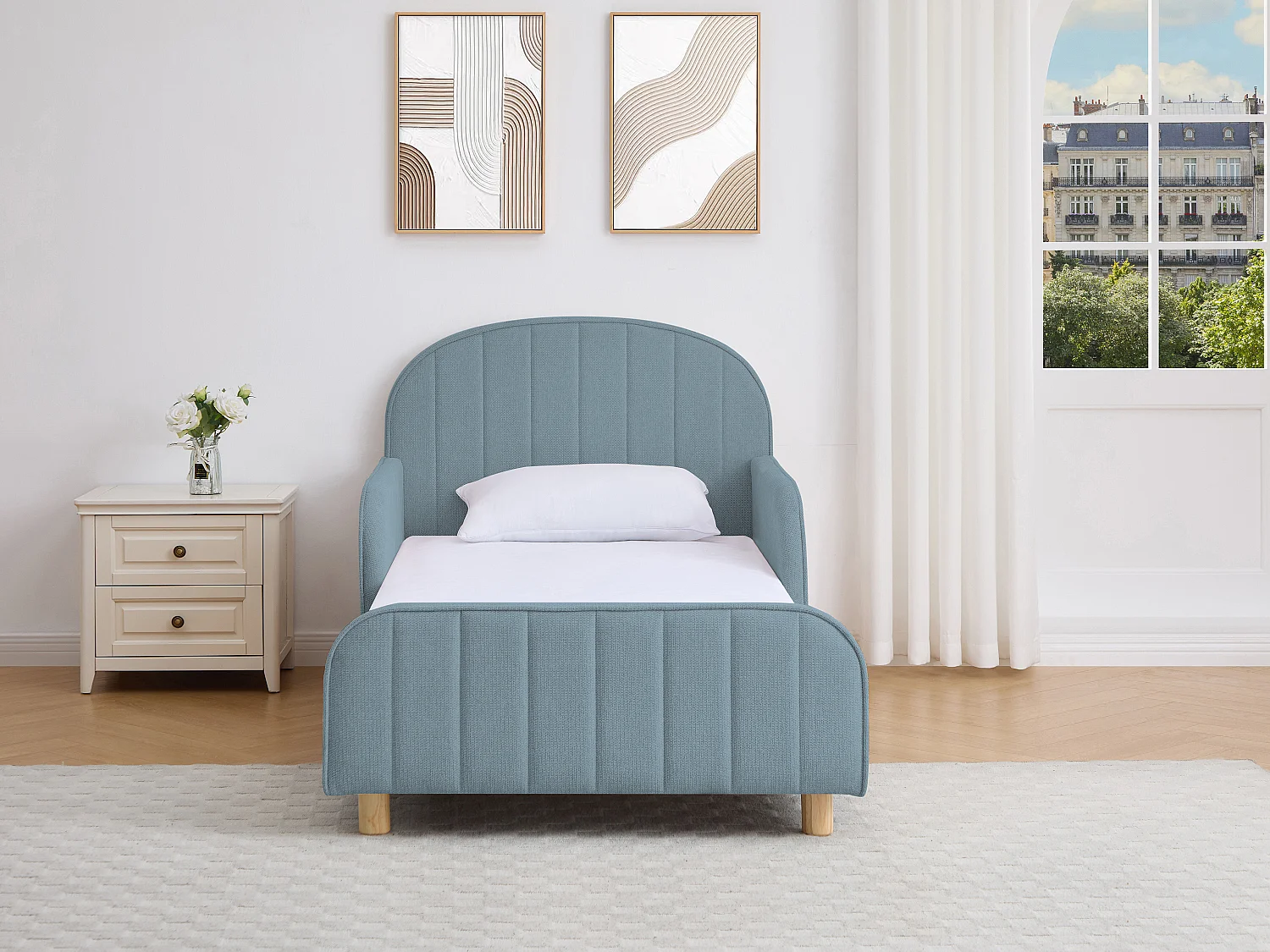 Lit 90 x 190 cm – Tissu texturé – Bleu + Matelas – MIRAVELO