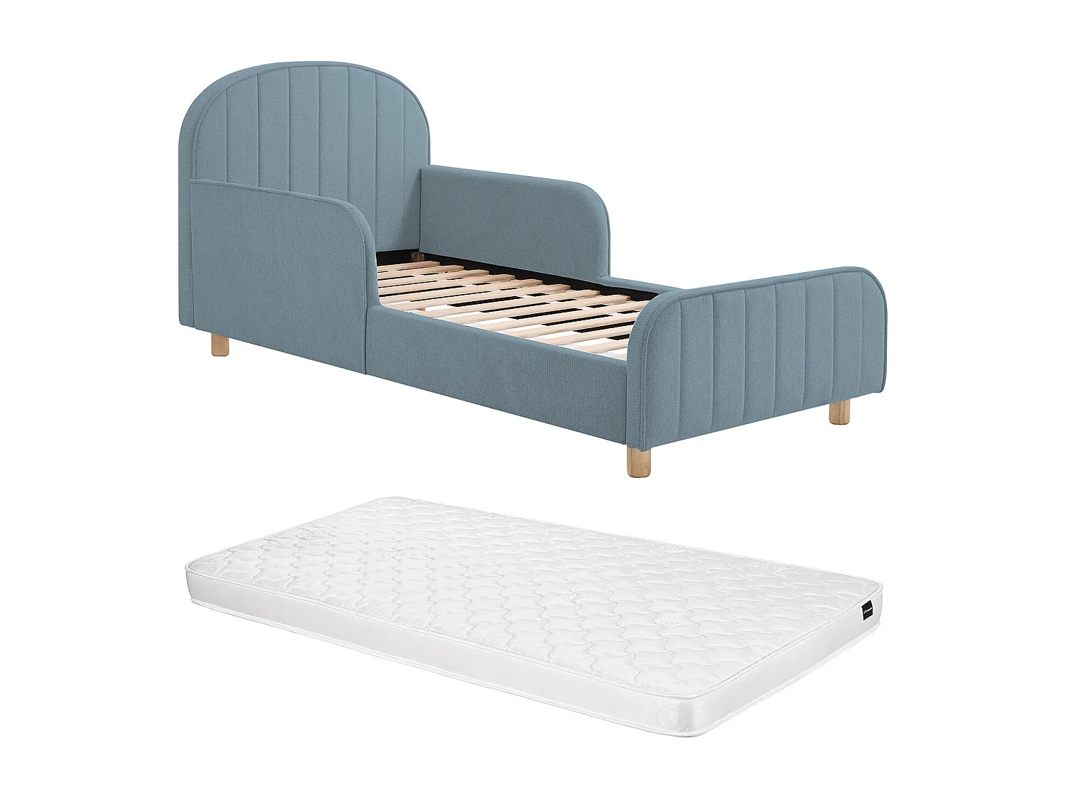 Lit 90 x 190 cm – Tissu texturé – Bleu + Matelas – MIRAVELO