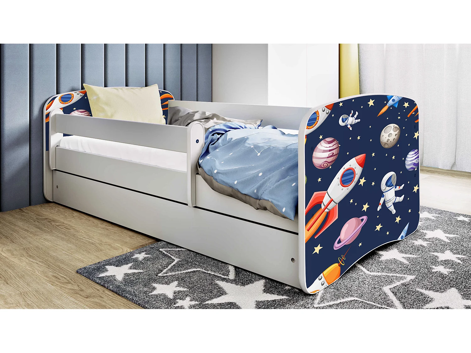 Lit enfant avec tiroir et barrière, matelas inclus - Cosmos - 80 x 160 cm