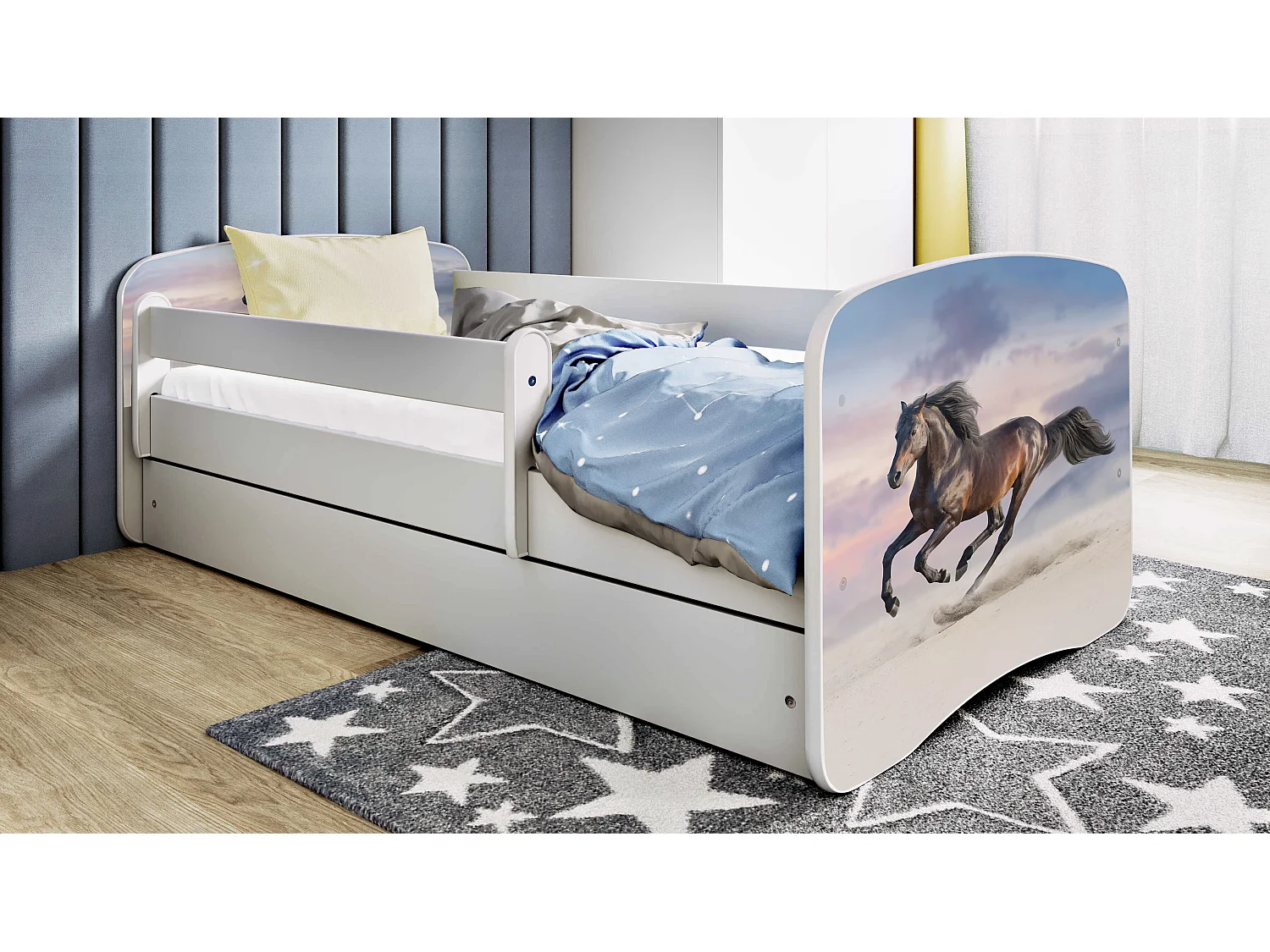 Lit enfant avec tiroir et barrière, matelas inclus - Cheval au Galop - 70 x 140 cm