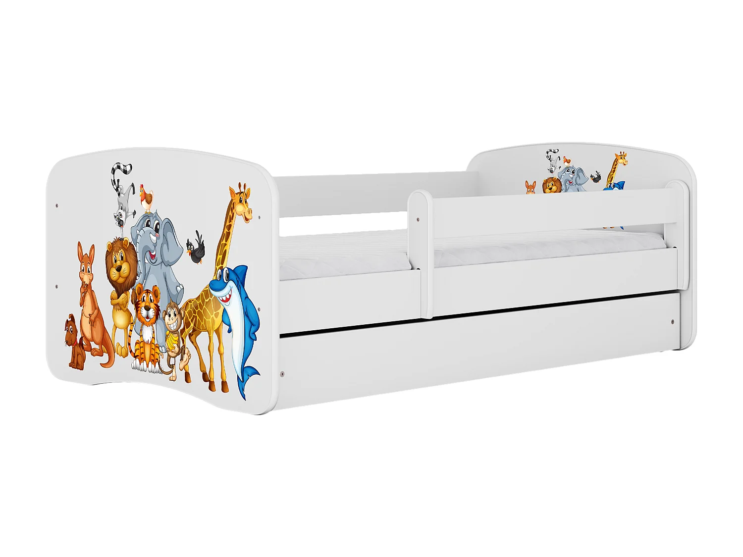 Lit enfant avec tiroir et barrière, matelas inclus - Animaux - 70 x 140 cm