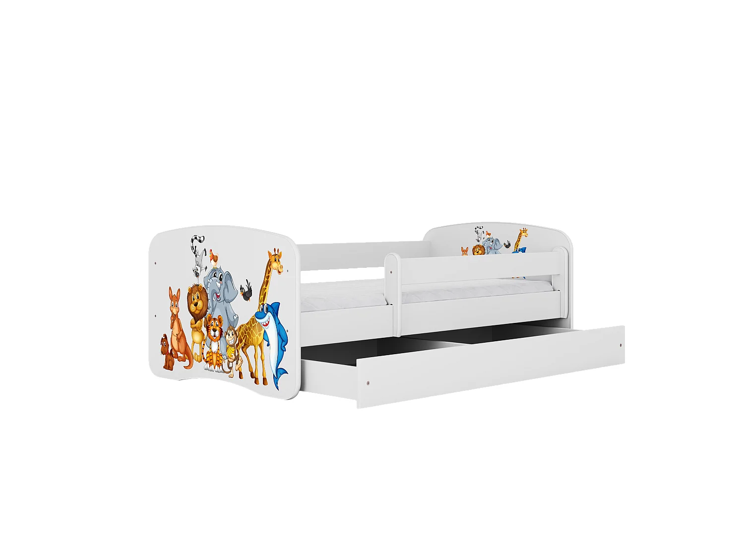 Lit enfant avec tiroir et barrière, matelas inclus - Animaux - 70 x 140 cm