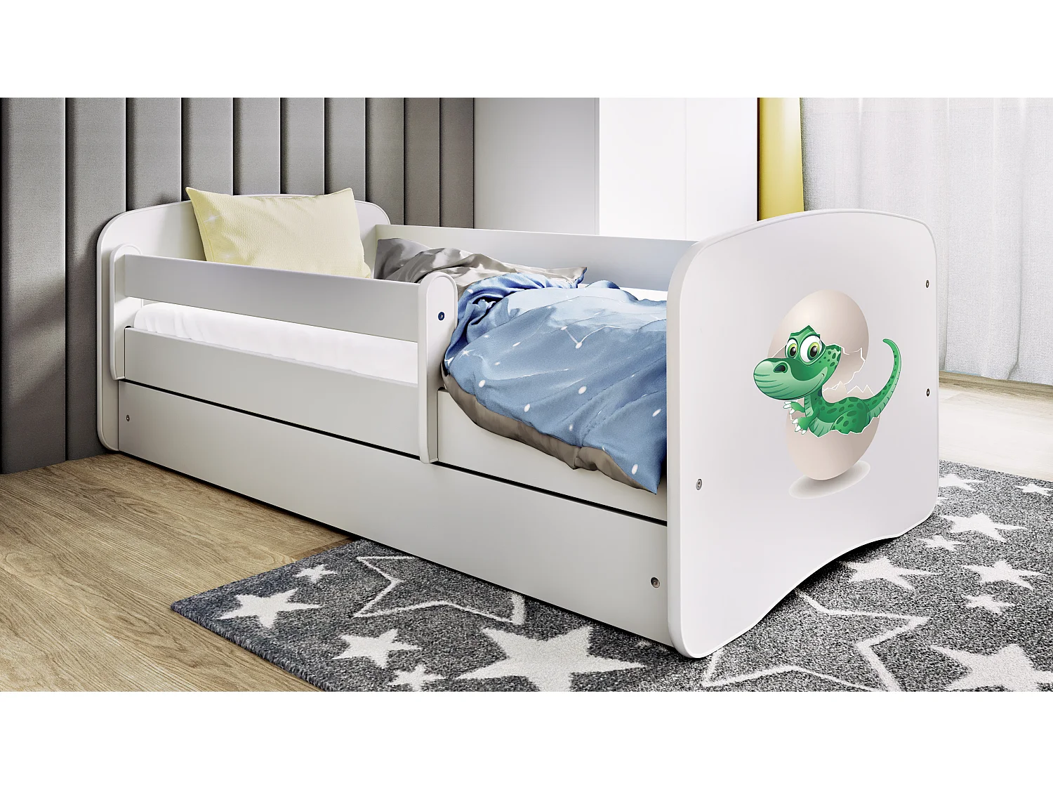 Lit enfant avec tiroir et barrière, matelas inclus - Petit Dinosaure - 70 x 140 cm
