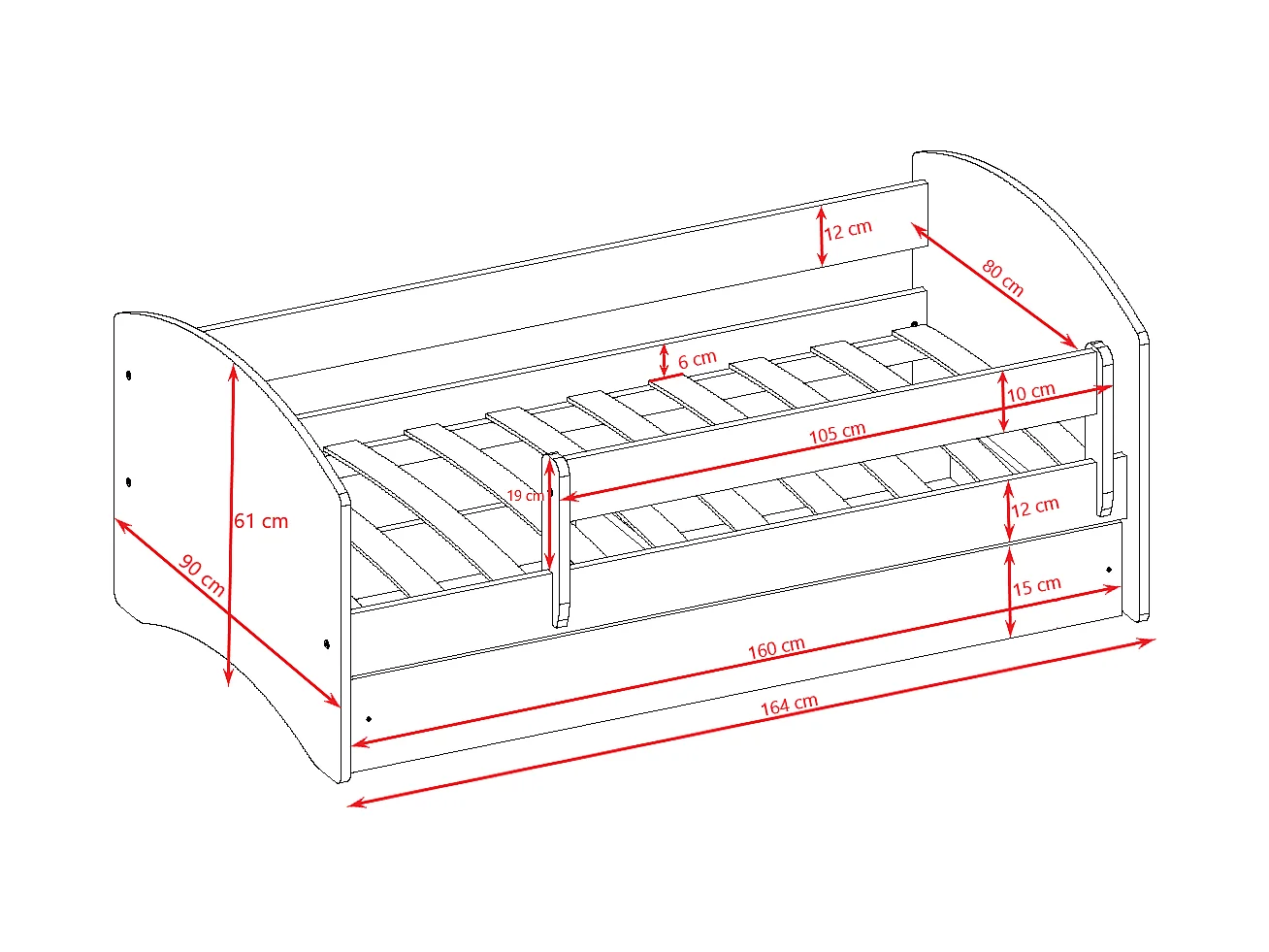 Kinderbett Jugendbett Dino 70x140, 80x160, 80x180 cm - Komplettset mit Schublade & Rausfallschutz