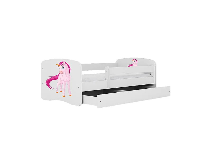 Lit enfant avec tiroir et barrière, matelas inclus - Licorne - 80 x 160 cm