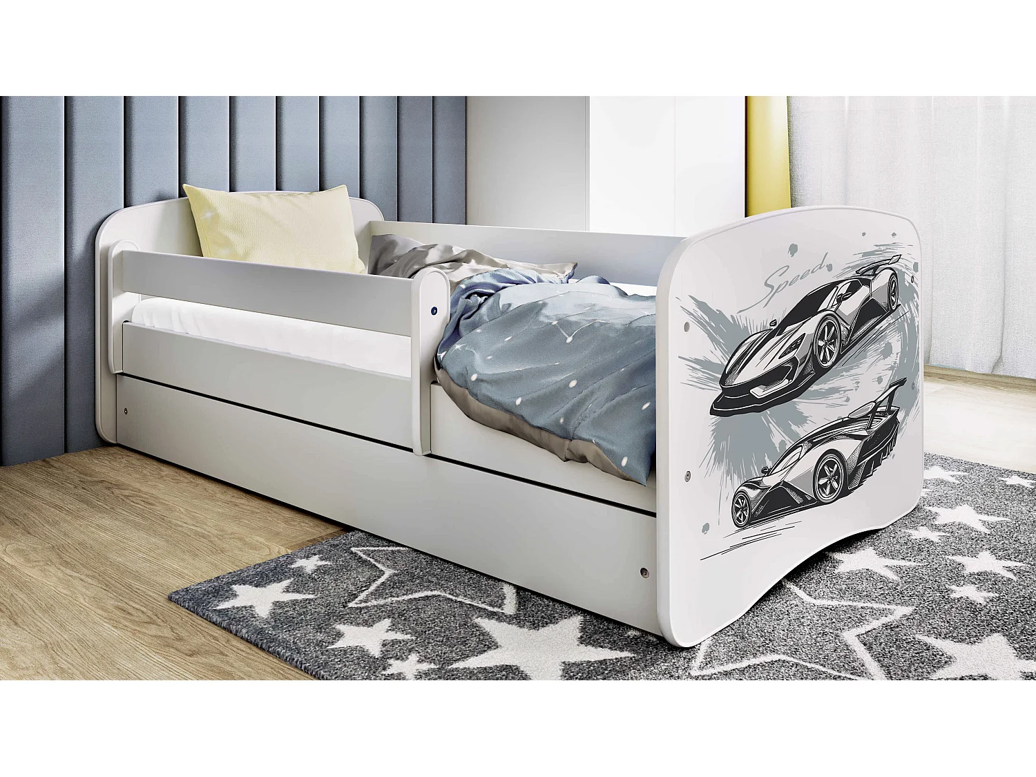 Lit enfant avec tiroir et barrière, matelas inclus - Voiture de Sport - 70 x 140 cm