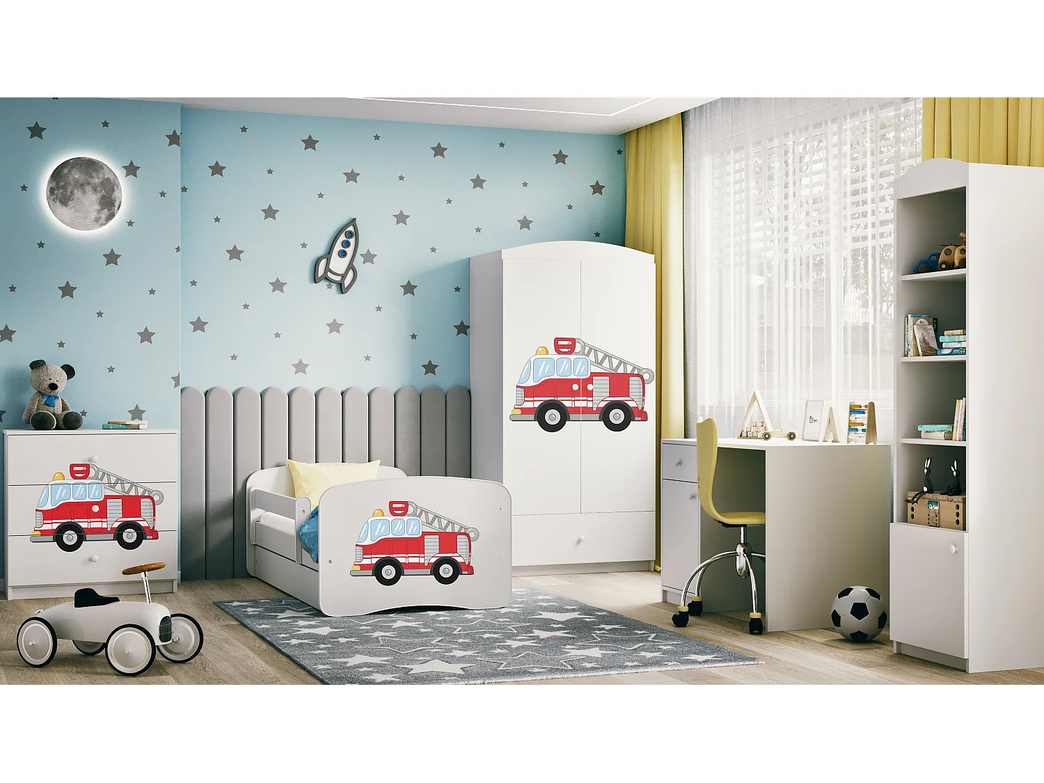 Lit enfant avec tiroir et barrière- Camion de Pompiers - 70 x 140 cm