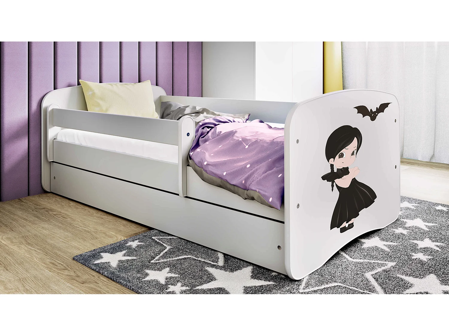 Lit enfant avec tiroir et barrière, matelas inclus - Wednesday - 80 x 160 cm