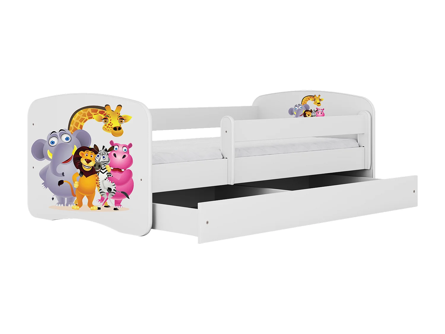 Lit enfant avec tiroir et barrière, matelas inclus - Zoo - 80 x 180 cm