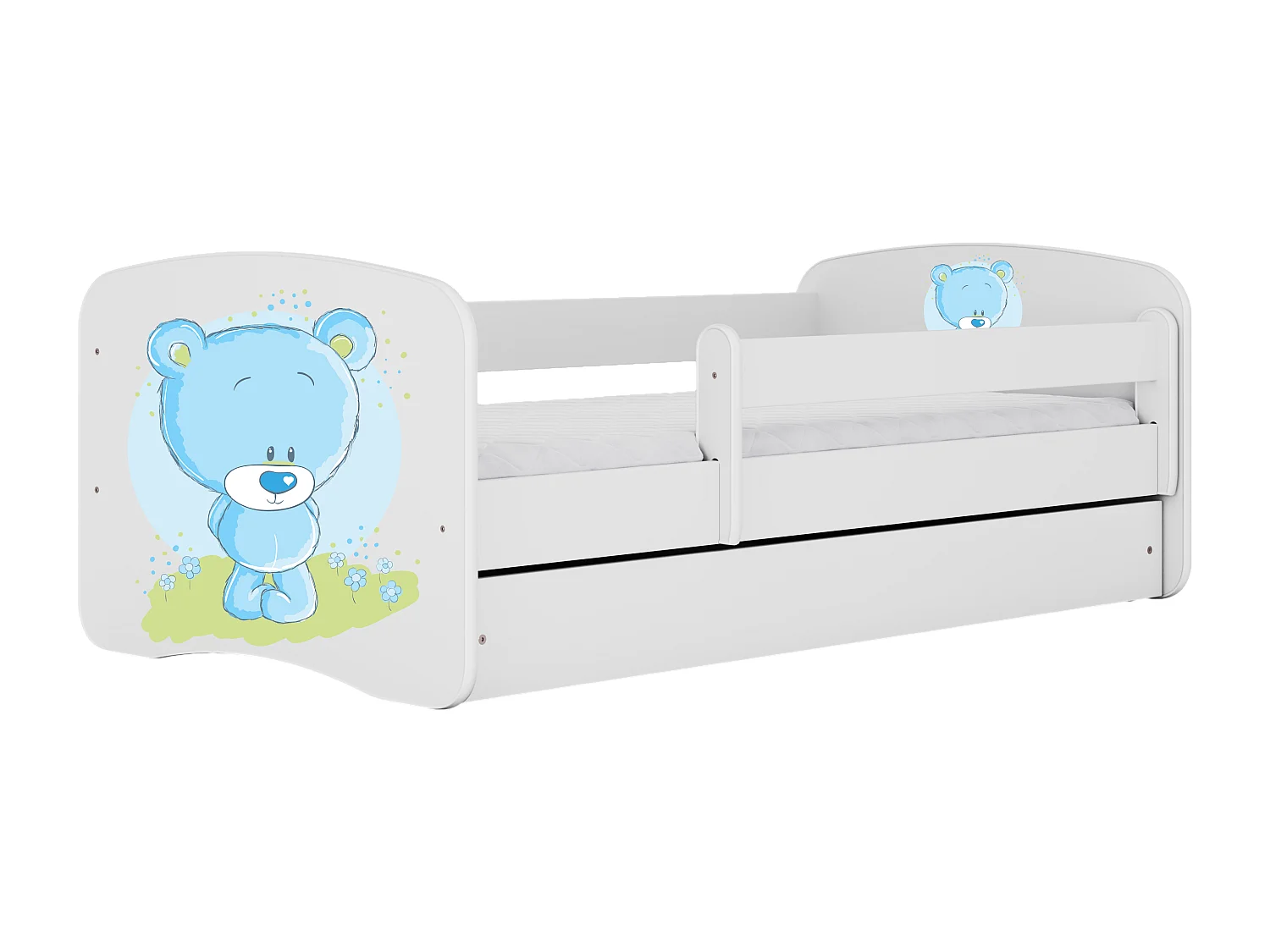 Lit enfant avec tiroir et barrière, matelas inclus - Ourson Bleu Fleuri - 80 x 160 cm