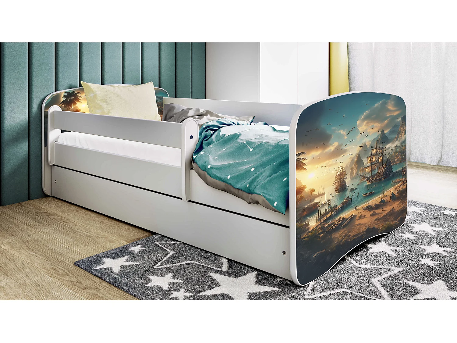 Lit enfant avec tiroir et barrière, matelas inclus - Bateau - 80 x 160 cm