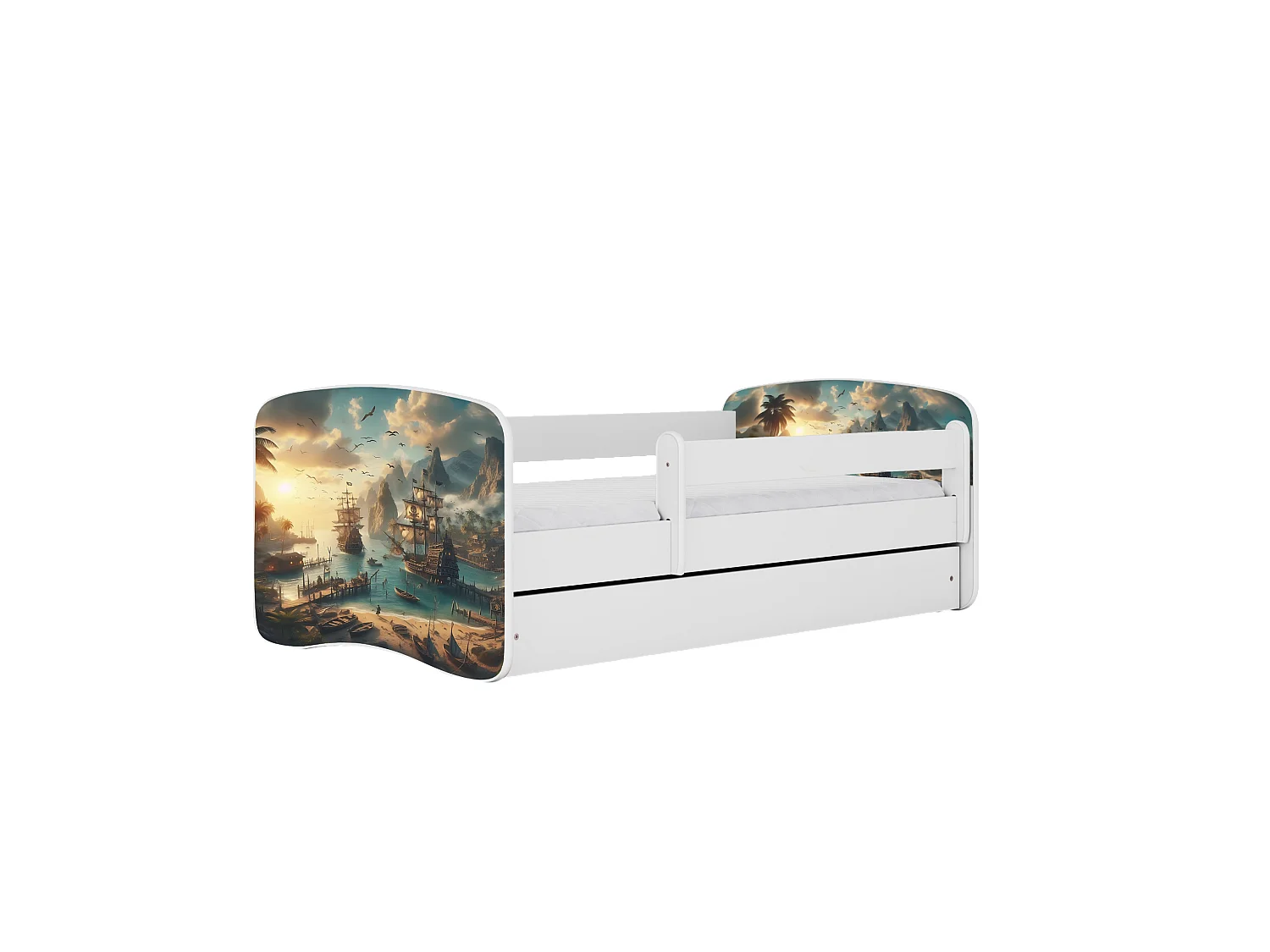 Lit enfant avec tiroir et barrière, matelas inclus - Bateau - 80 x 160 cm