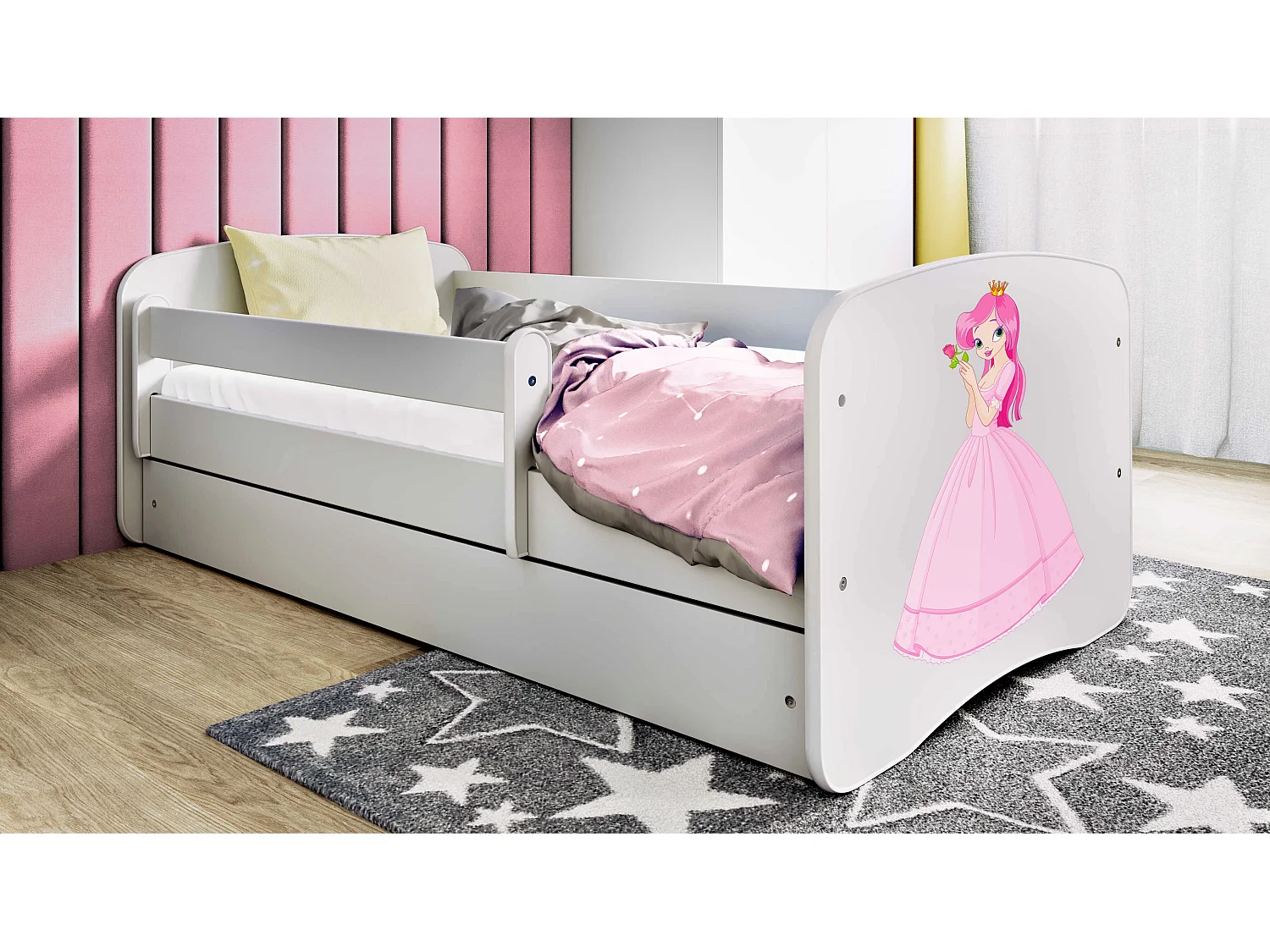 Lit enfant avec tiroir et barrière, matelas inclus - Princesse - 70 x 140 cm