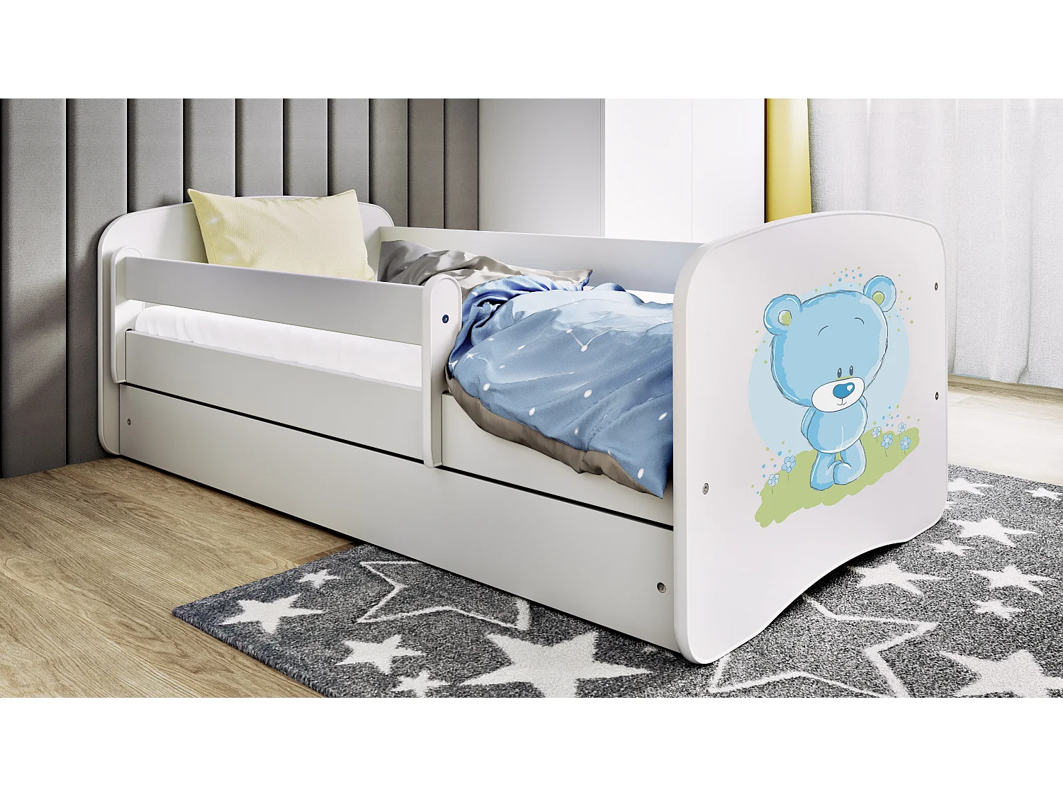Lit enfant avec tiroir et barrière, matelas inclus - Ourson Bleu Fleuri - 70 x 140 cm
