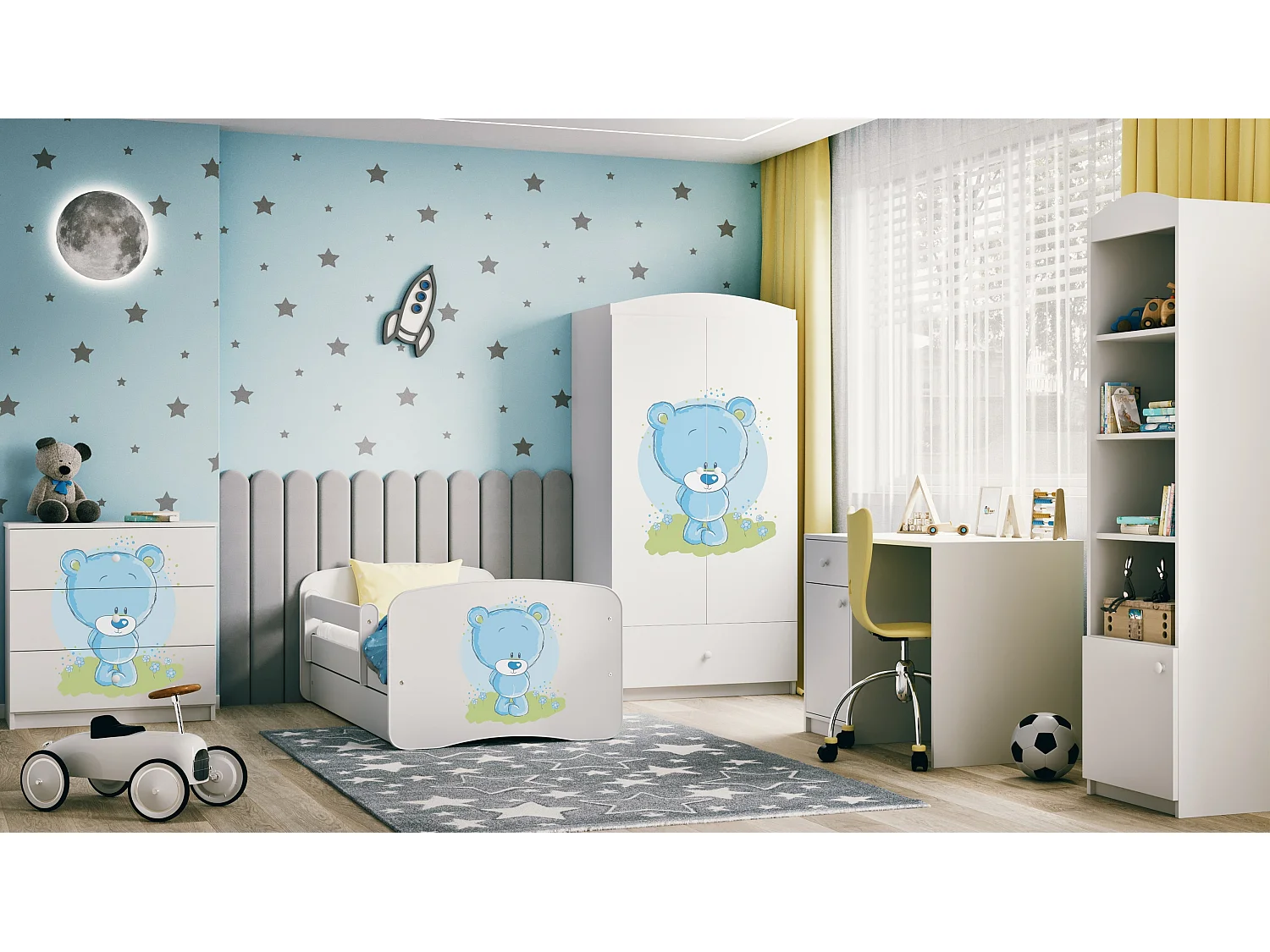 Lit enfant avec tiroir et barrière, matelas inclus - Ourson Bleu Fleuri - 70 x 140 cm