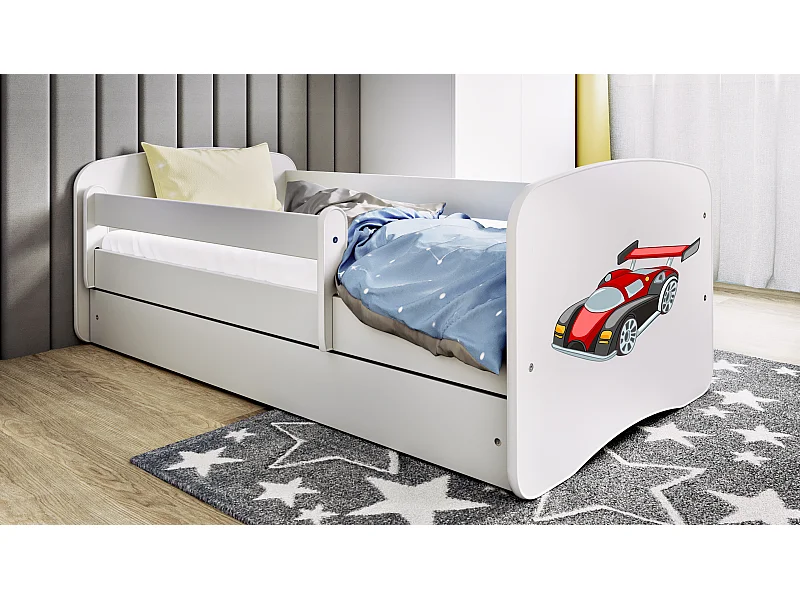 Lit enfant avec tiroir et barrière, matelas inclus - Voiture de Course - 70 x 140 cm