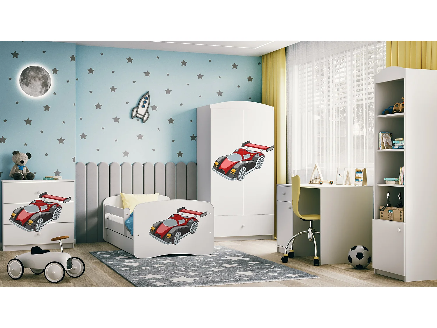 Lit enfant avec tiroir et barrière- Voiture de Course - 70 x 140 cm