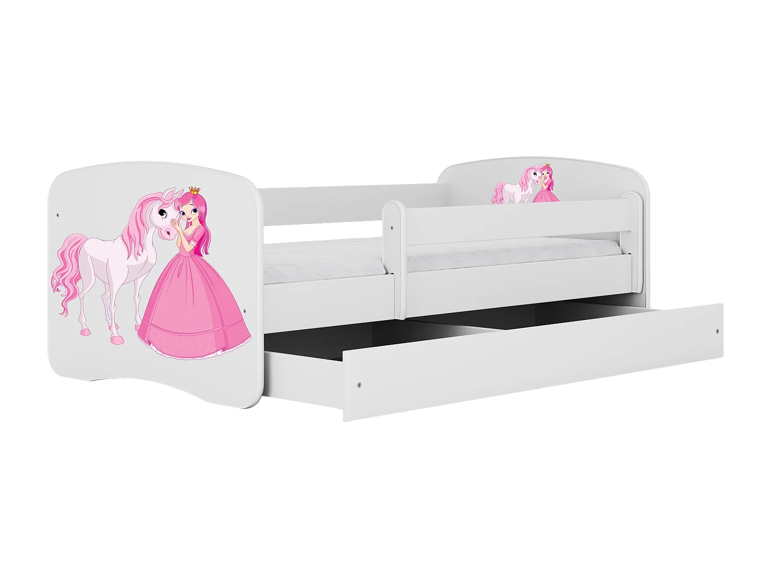 Lit enfant avec tiroir et barrière, matelas inclus - Princesse avec Cheval - 80 x 160 cm