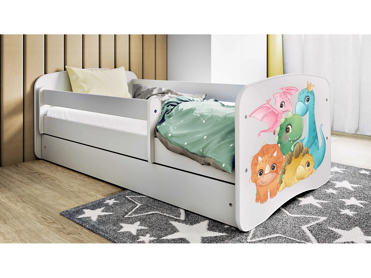 Lit enfant avec tiroir et barrière, matelas inclus - Dinosaure - 80 x 160 cm