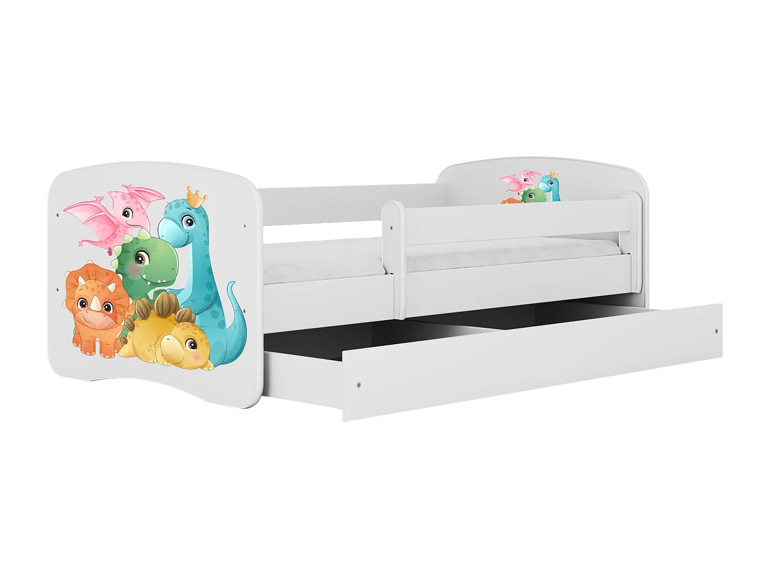 Lit enfant avec tiroir et barrière, matelas inclus - Dinosaure - 80 x 160 cm