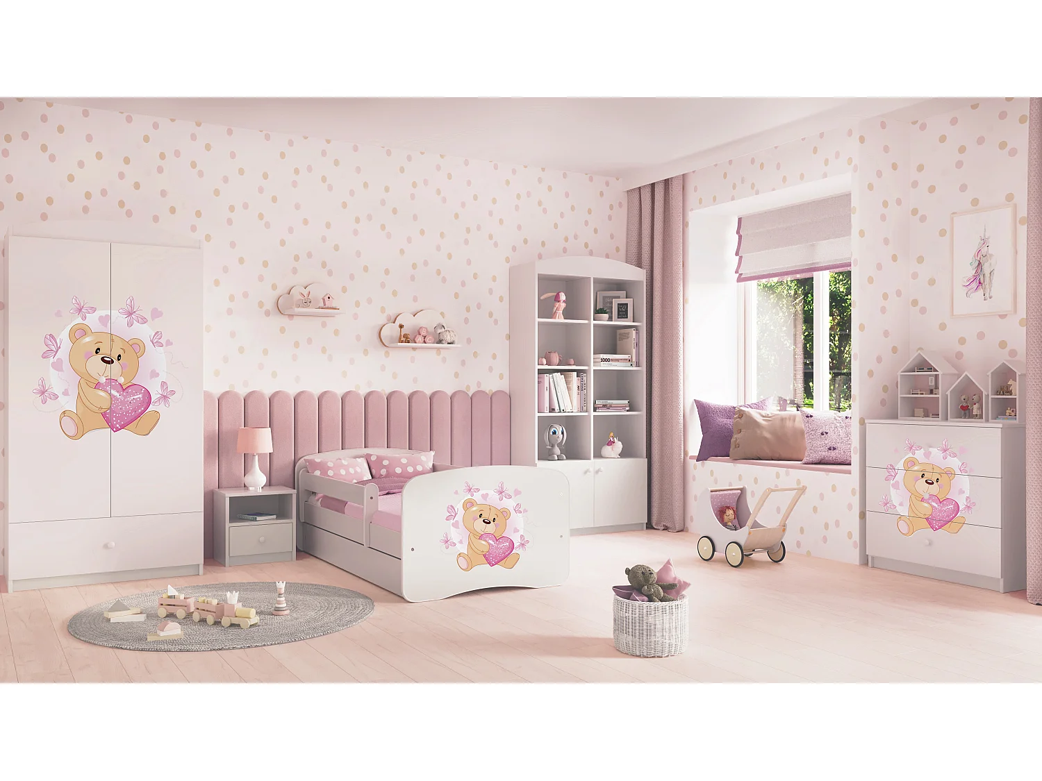 Lit enfant avec tiroir et barrière, matelas inclus - Ourson Papillon - 70 x 140 cm