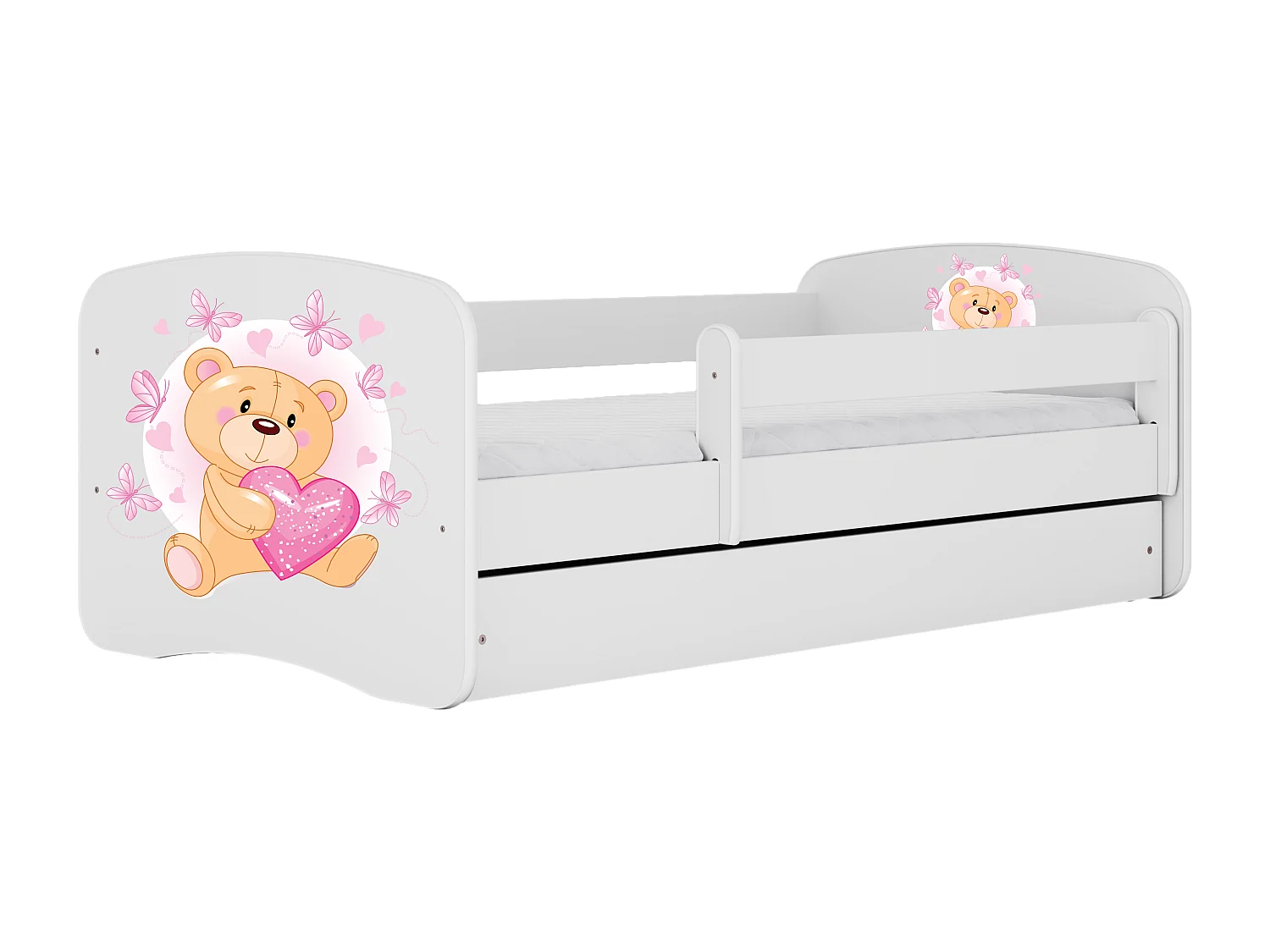 Lit enfant avec tiroir et barrière, matelas inclus - Ourson Papillon - 70 x 140 cm