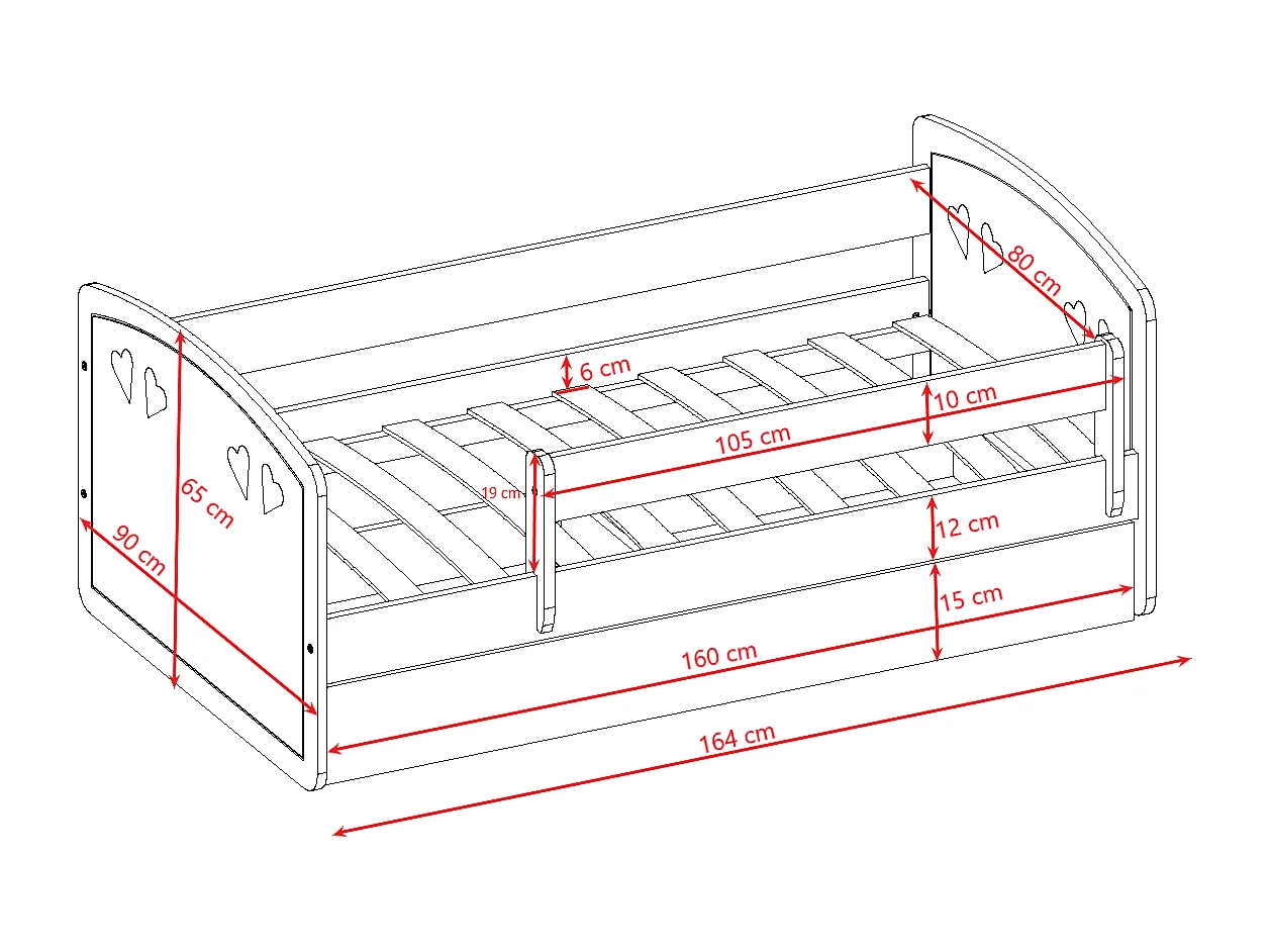 Lit enfant avec tiroir et barrière, matelas inclus - JULIA - 80 x 160 cm