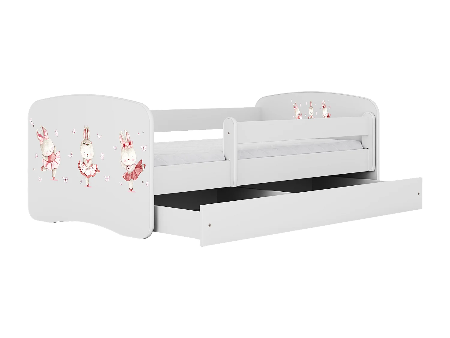 Lit enfant avec tiroir et barrière, matelas inclus - Lapin aux Papillons - 80 x 180 cm