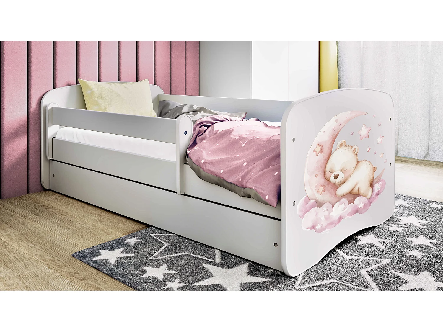 Lit enfant avec tiroir et barrière, matelas inclus - Sommeil - 80 x 160 cm