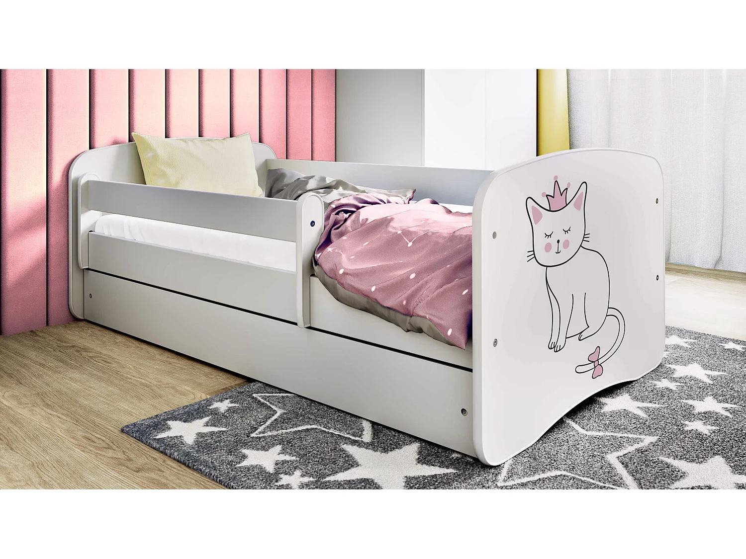 Lit enfant avec tiroir et barrière, matelas inclus - Chat - 70 x 140 cm