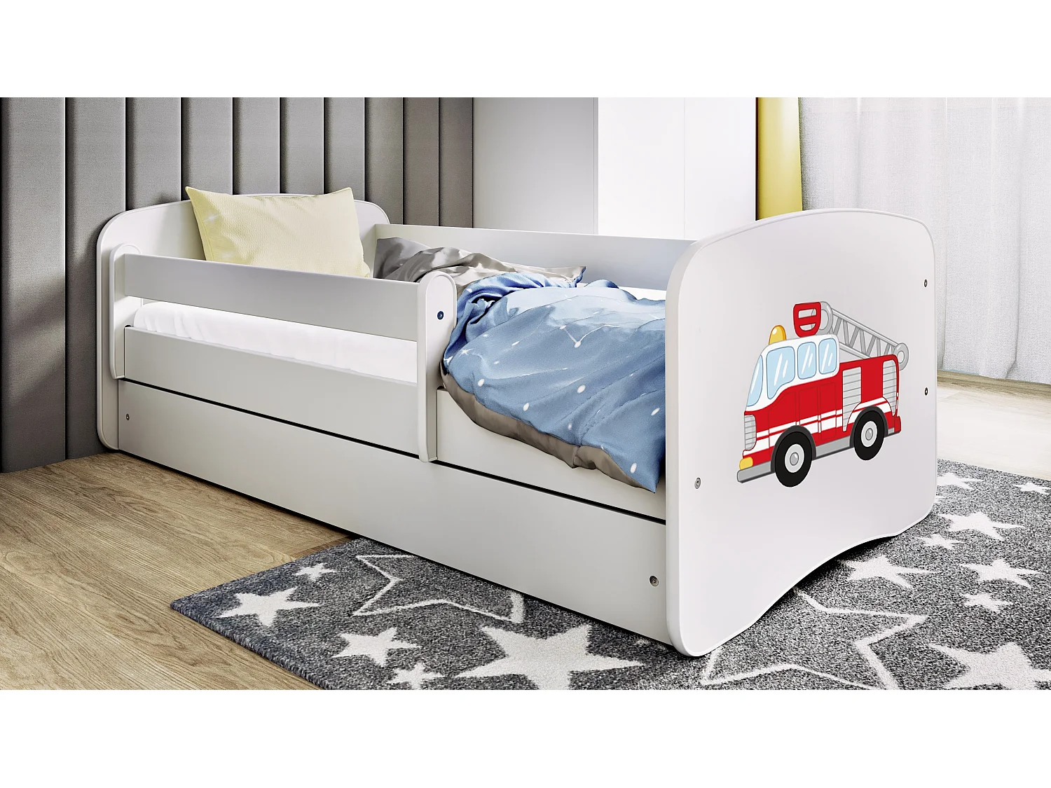 Lit enfant avec tiroir et barrière, matelas inclus - Camion de Pompiers - 80 x 180 cm