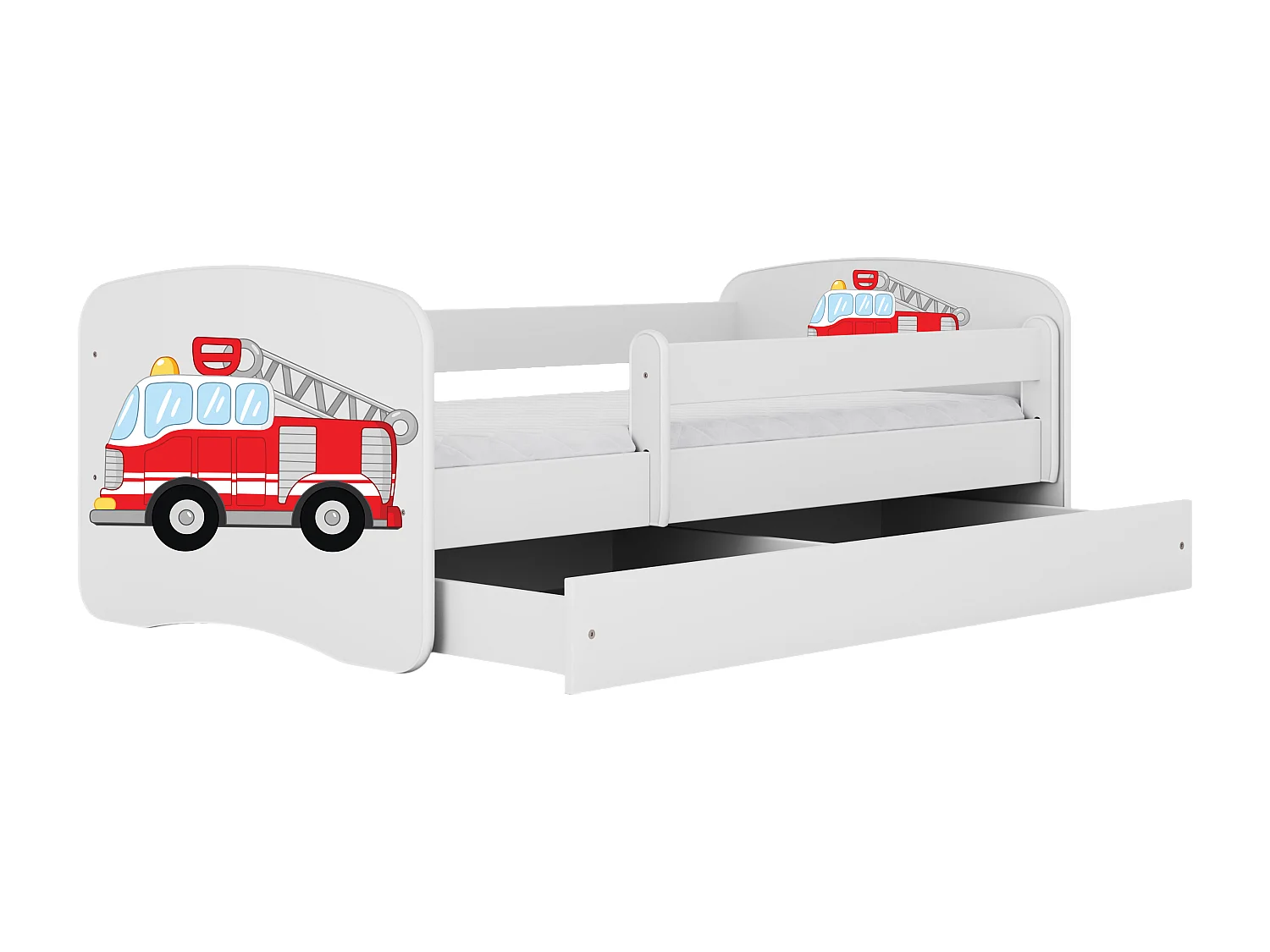 Lit enfant avec tiroir et barrière, matelas inclus - Camion de Pompiers - 80 x 180 cm