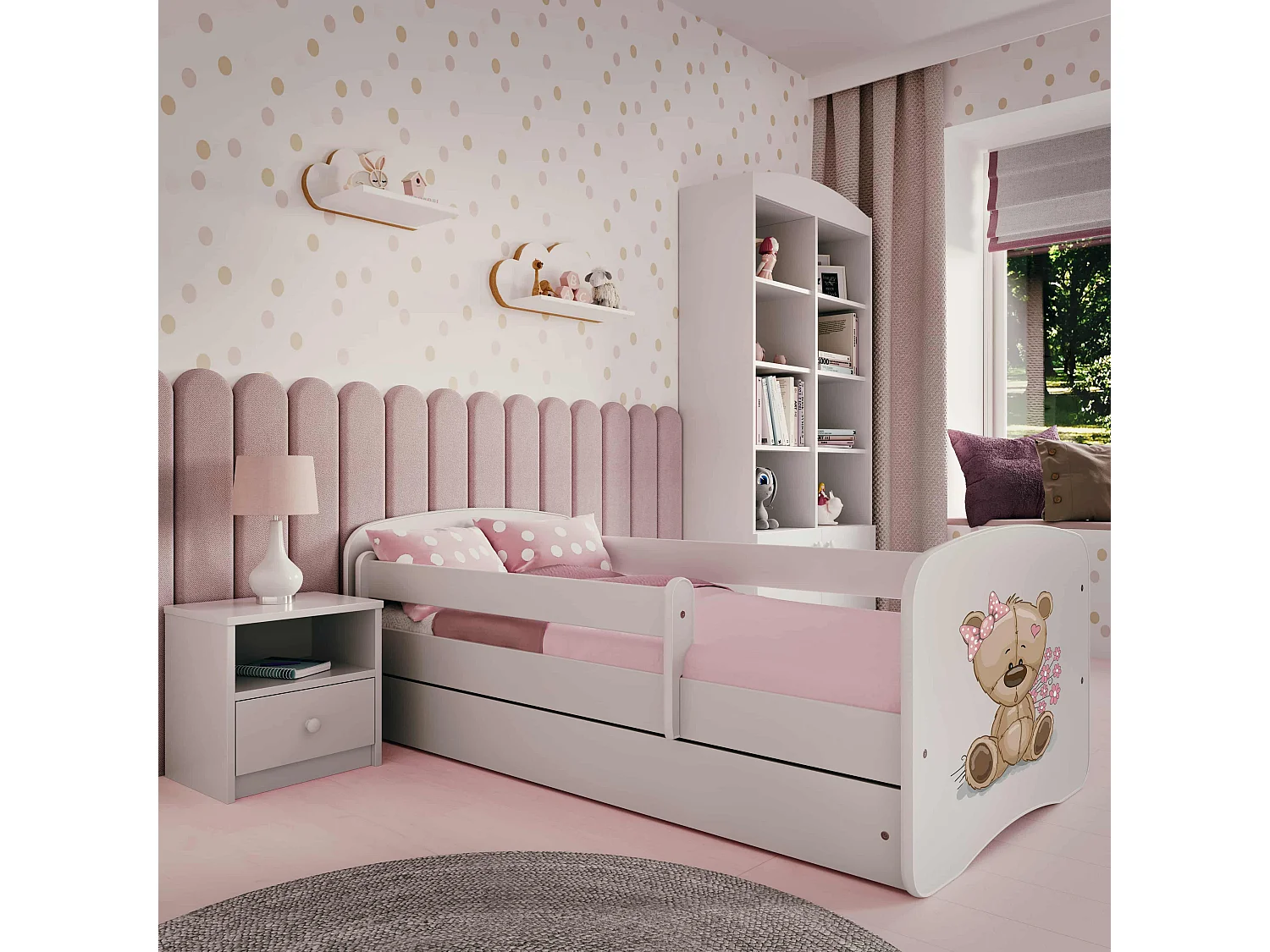 Lit enfant avec tiroir et barrière, matelas inclus - Ourson Fleuri - 70 x 140 cm