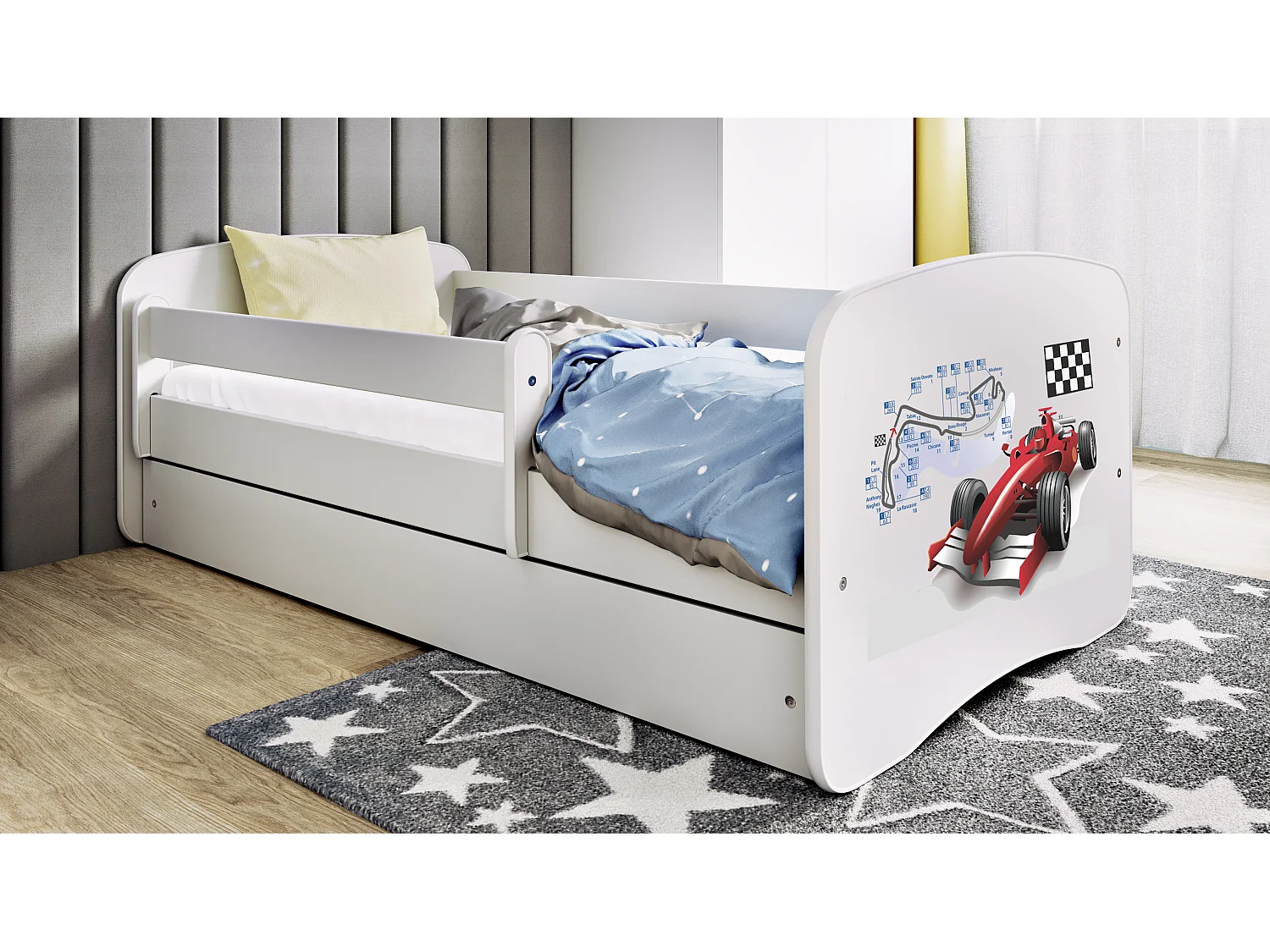 Lit enfant avec tiroir et barrière, matelas inclus - Formule 1 - 80 x 160 cm