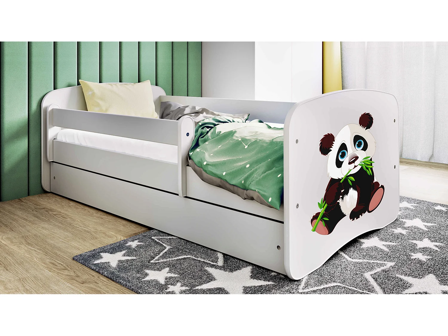 Lit enfant avec tiroir et barrière, matelas inclus - Panda 2 - 80 x 160 cm