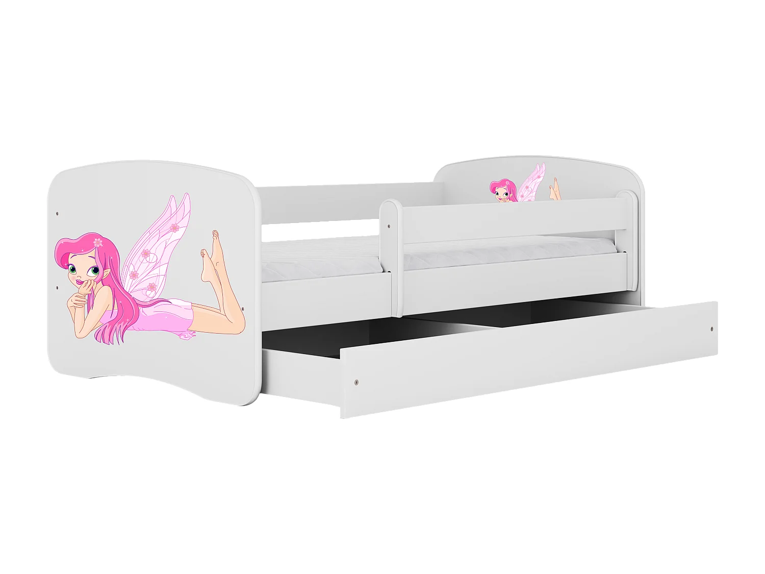 Lit enfant avec tiroir et barrière, matelas inclus - Fée avec Ailes - 70 x 140 cm