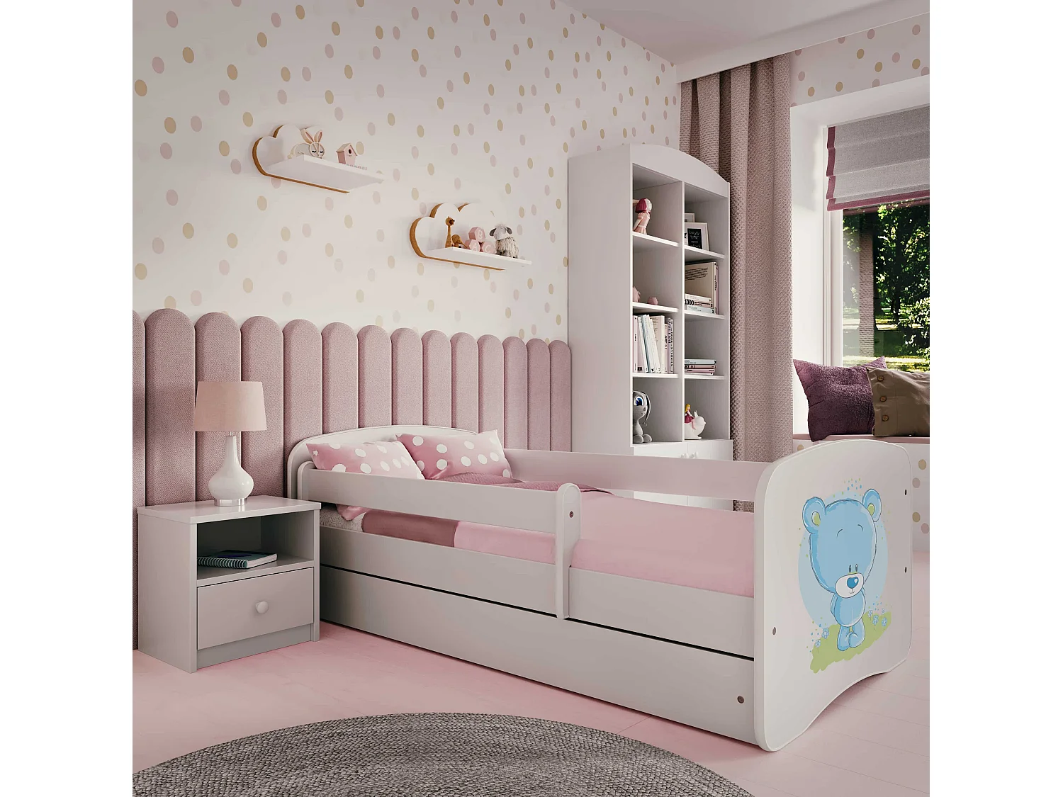 Lit enfant avec tiroir et barrière, matelas inclus - Ourson Bleu Fleuri - 80 x 180 cm