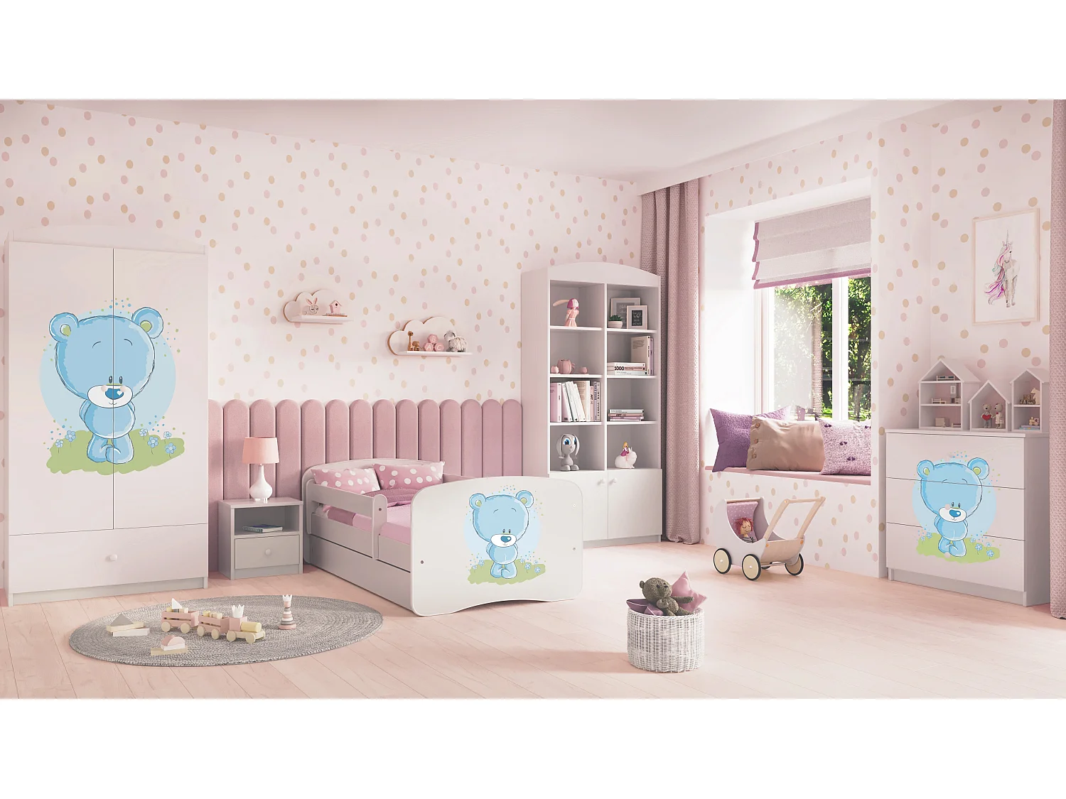 Lit enfant avec tiroir et barrière, matelas inclus - Ourson Bleu Fleuri - 80 x 180 cm