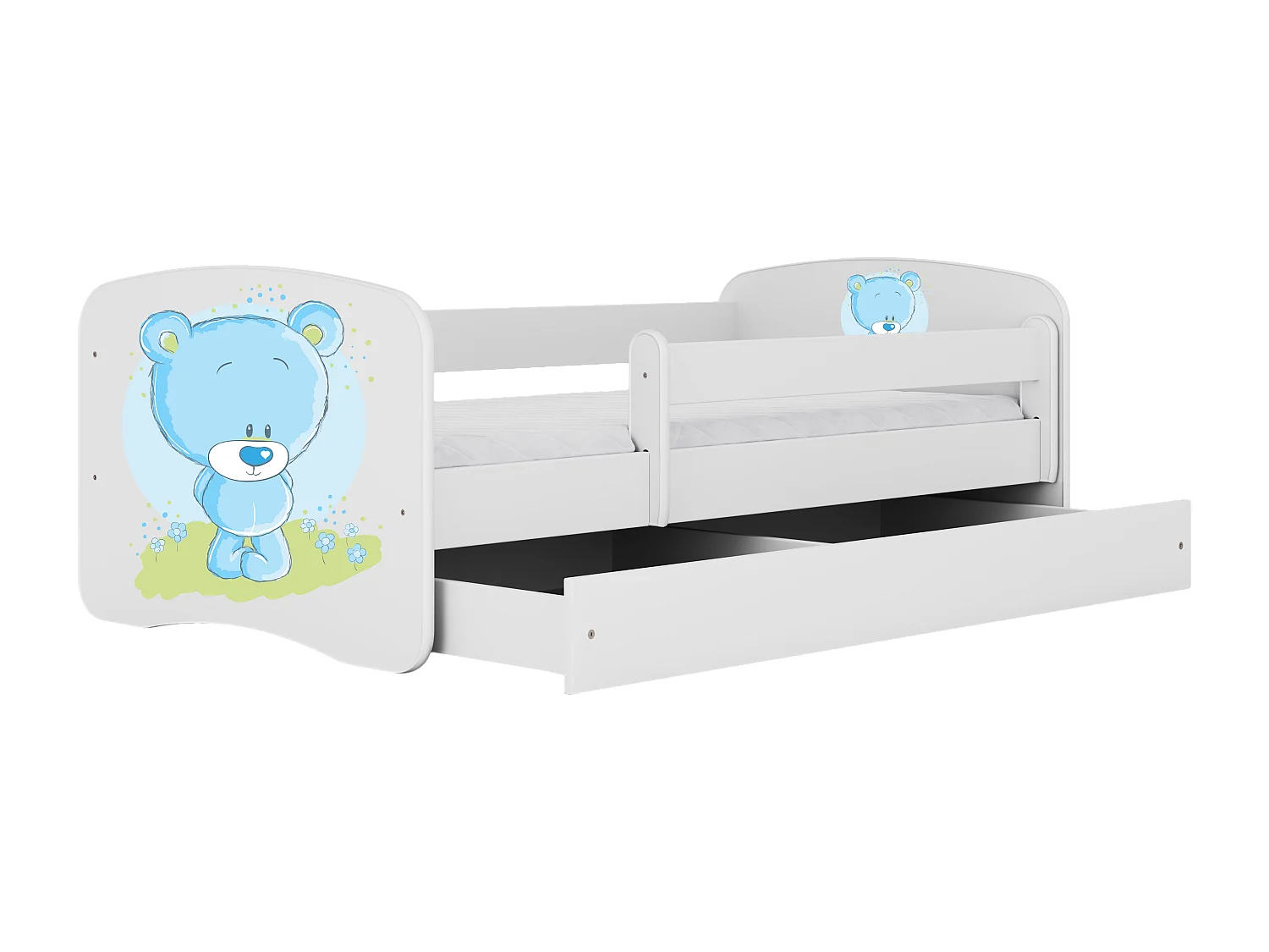Lit enfant avec tiroir et barrière, matelas inclus - Ourson Bleu Fleuri - 80 x 180 cm