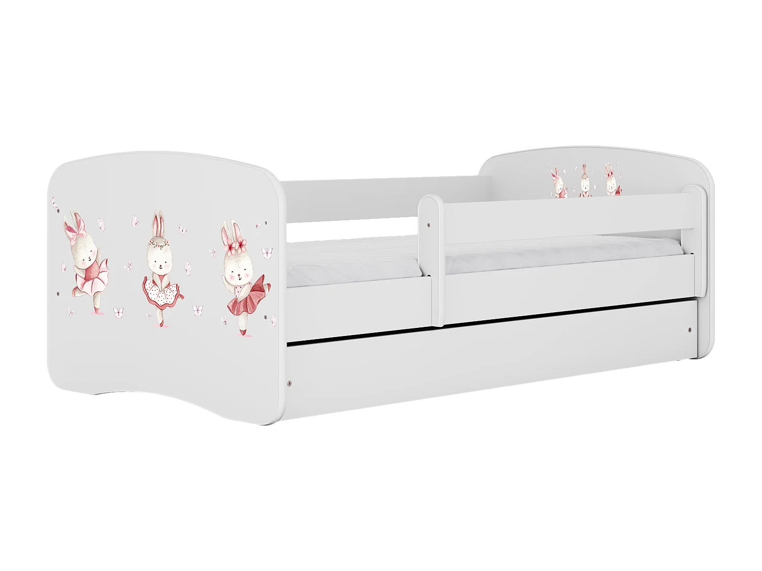 Lit enfant avec tiroir et barrière, matelas inclus - Lapin aux Papillons - 70 x 140 cm