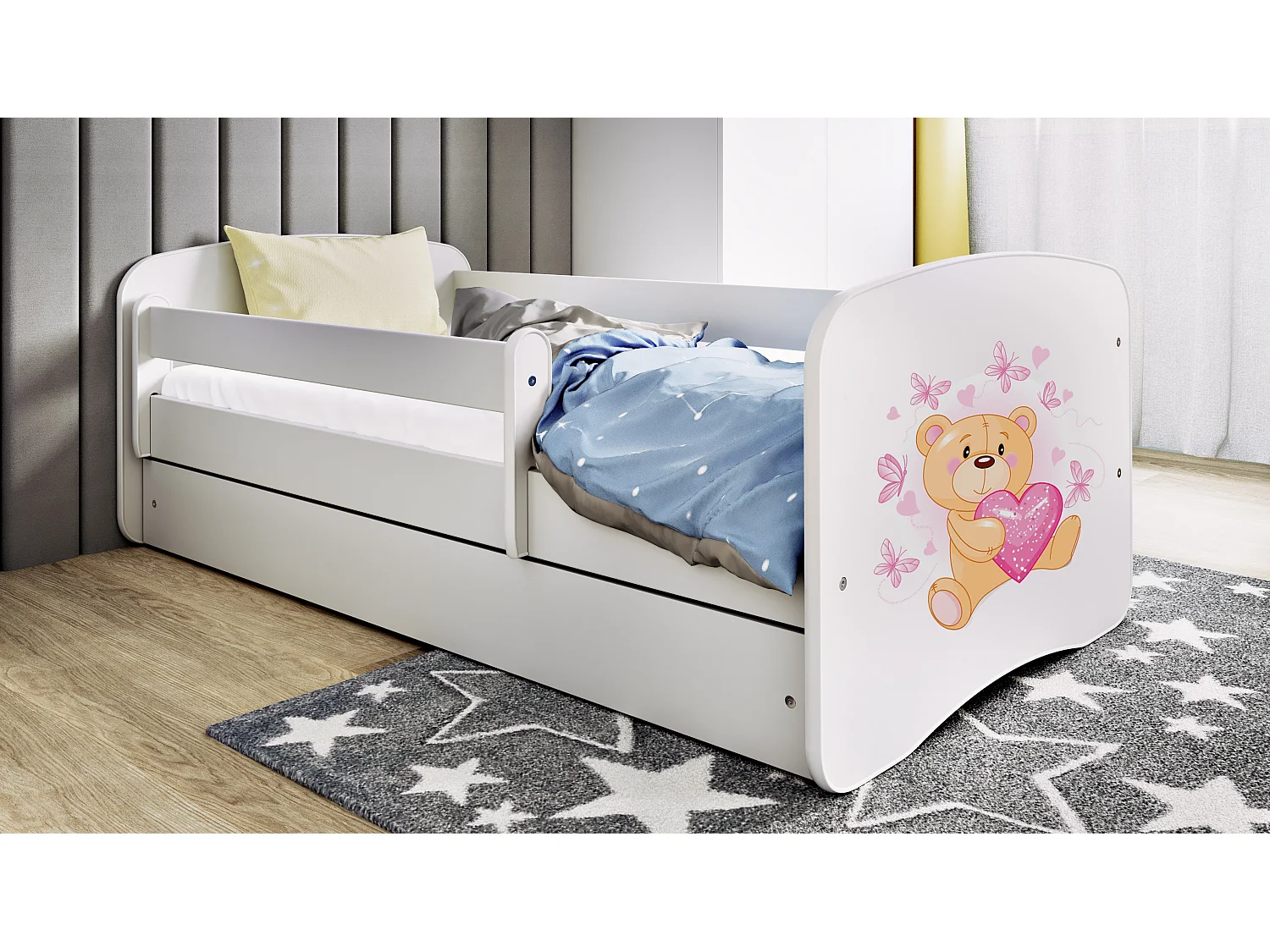 Lit enfant avec tiroir et barrière, matelas inclus - Ourson Papillon - 80 x 160 cm