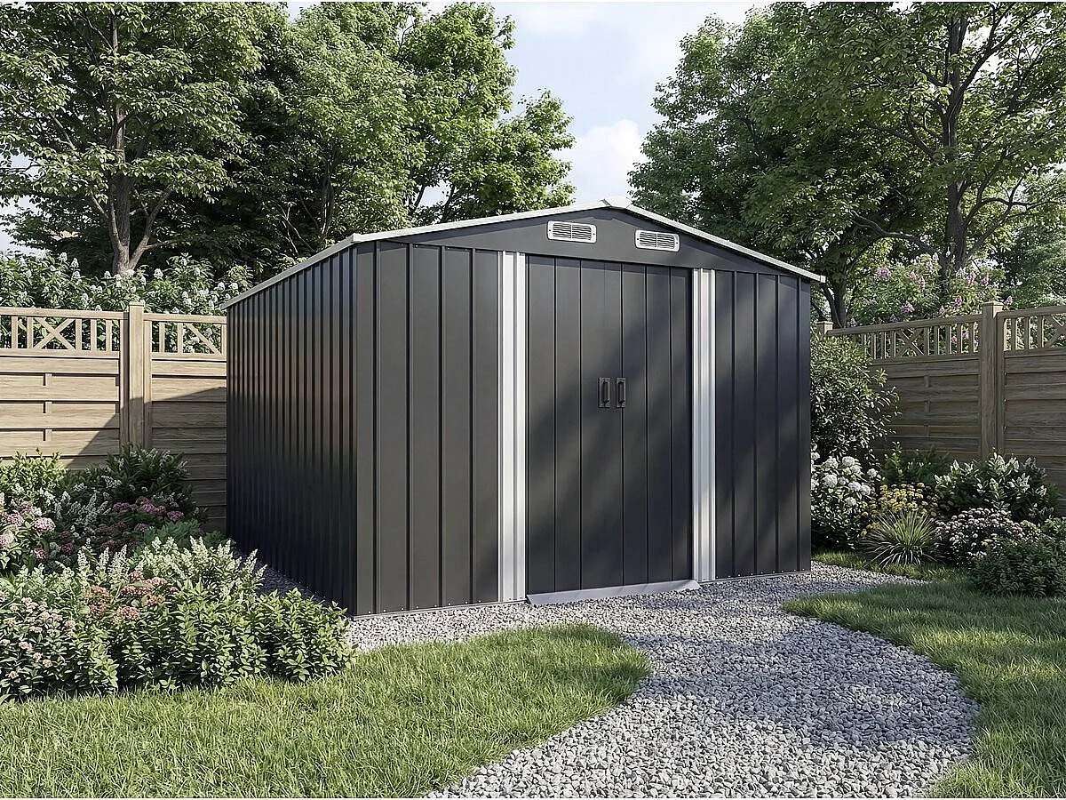 Telheiro metálico para jardim "Boston" com porta de correr - 8 m² - Cinzento