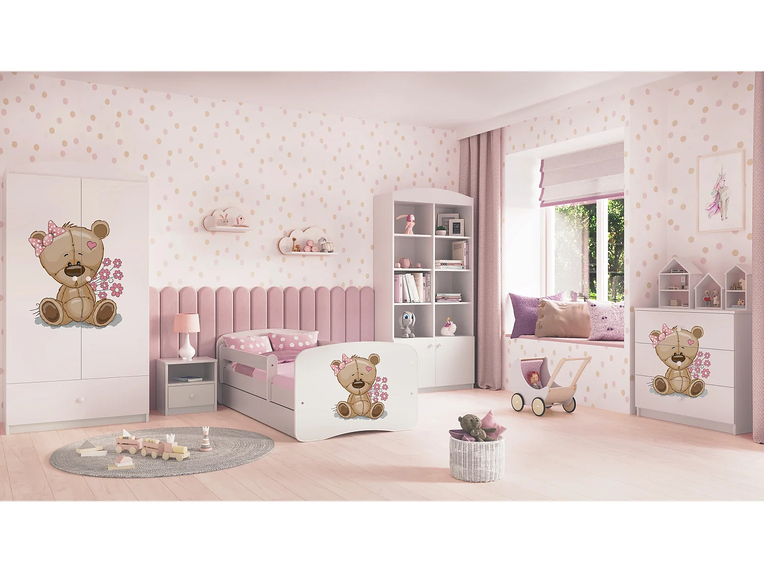 Lit enfant avec tiroir et barrière, matelas inclus - Ourson Fleuri - 80 x 180 cm