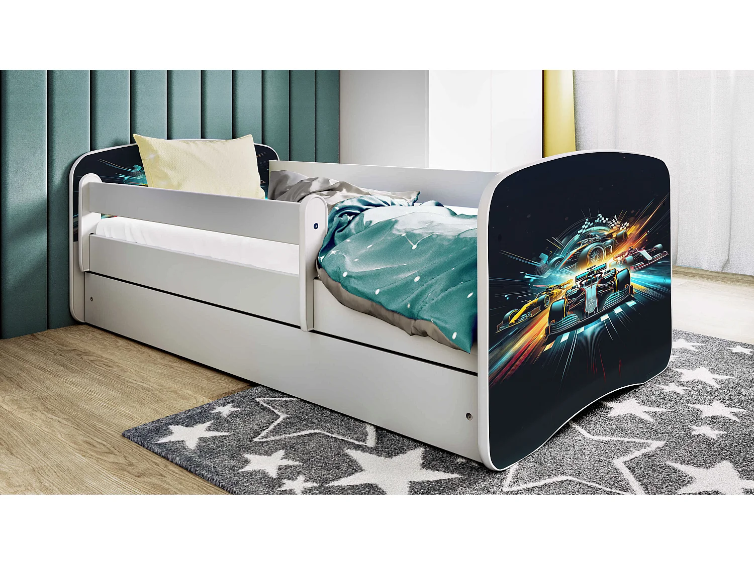 Lit enfant avec tiroir et barrière, matelas inclus - Ethnique - 80 x 160 cm