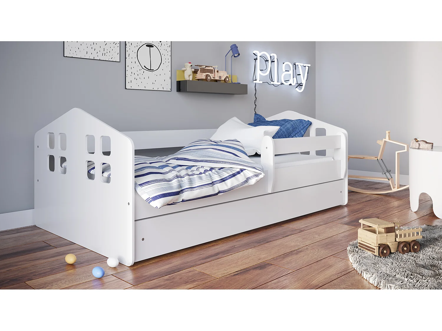 Lit enfant avec tiroir et barrière, matelas inclus - Kacper - 80 x 160 cm