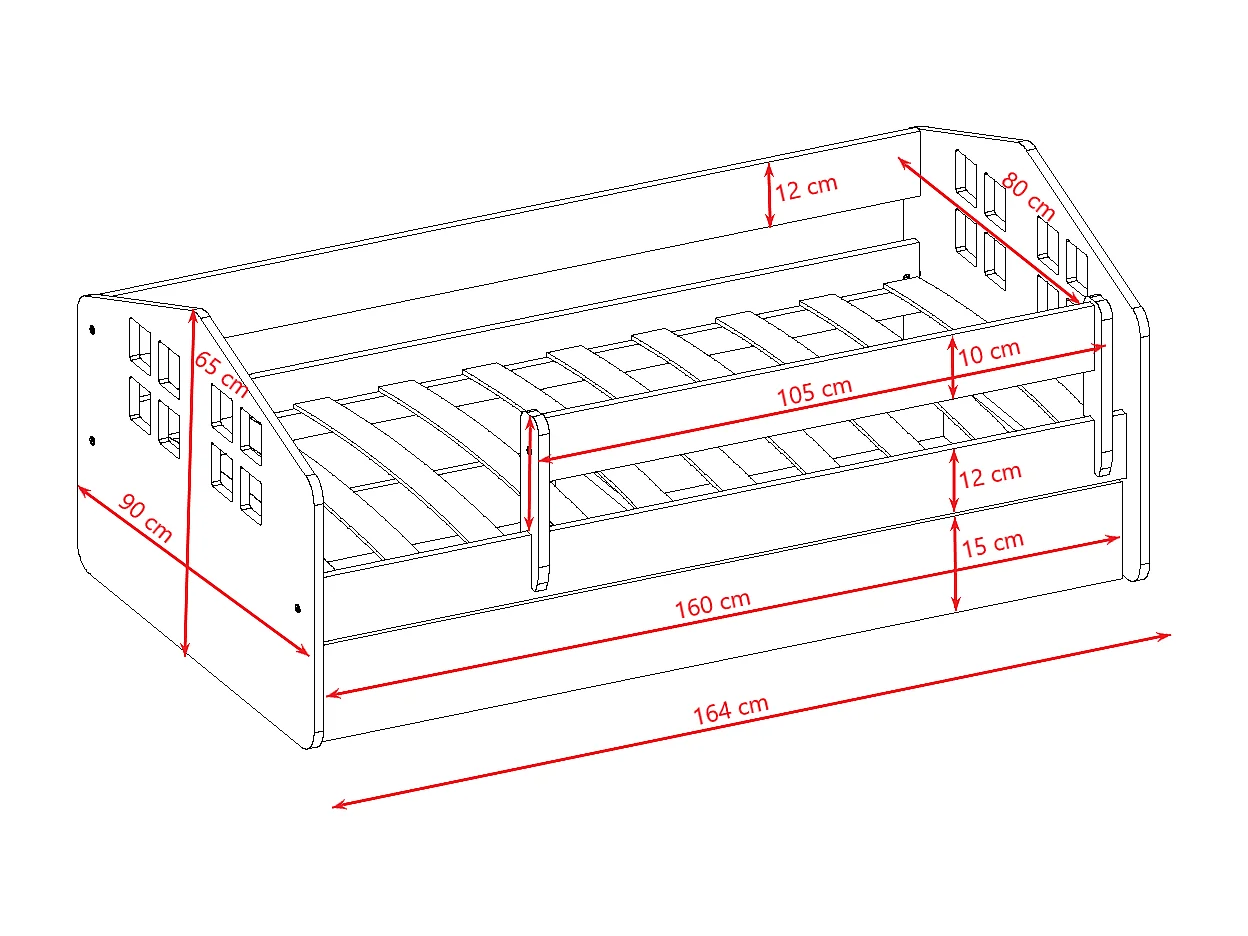 Lit enfant avec tiroir et barrière, matelas inclus - Kacper - 80 x 160 cm