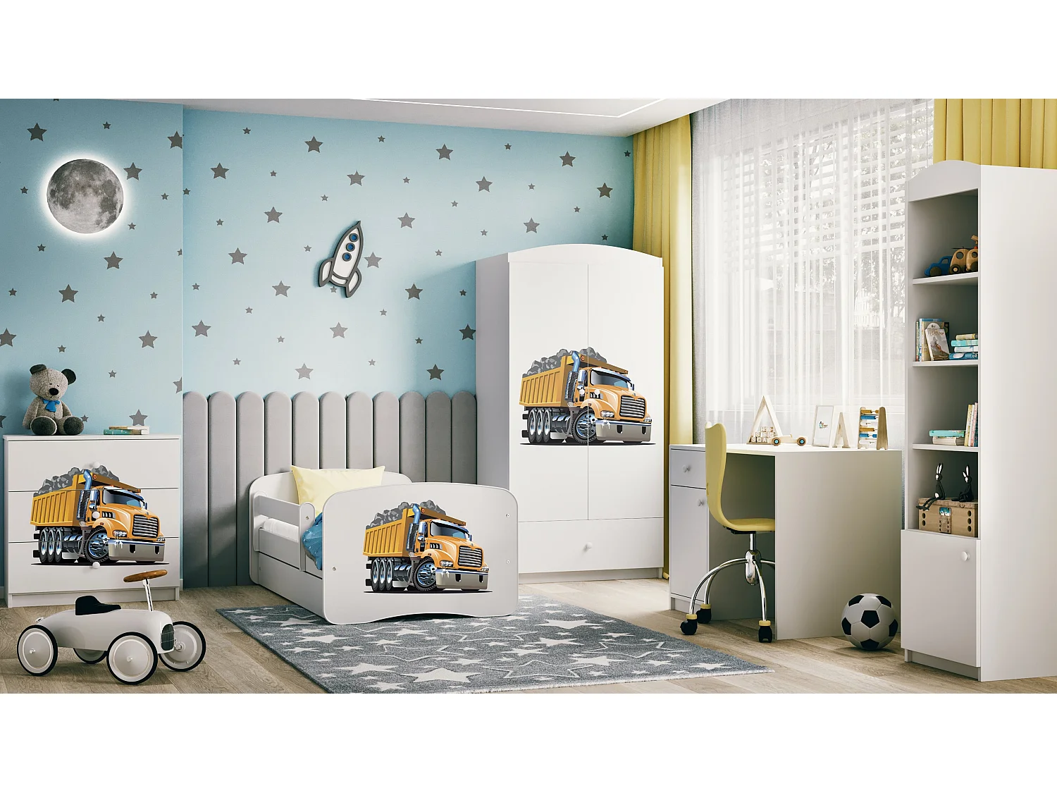 Lit enfant avec tiroir et barrière, matelas inclus - Camion - 70 x 140 cm
