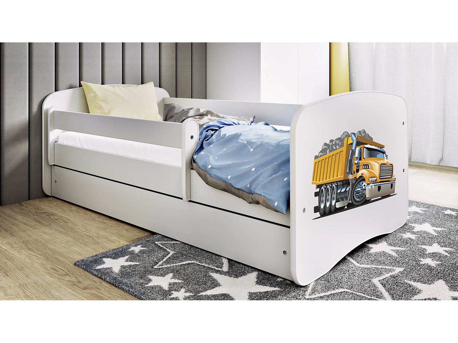 Lit enfant avec tiroir et barrière, matelas inclus - Camion - 70 x 140 cm