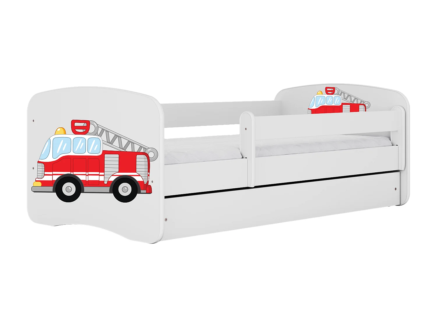 Lit enfant avec tiroir et barrière, matelas inclus - Camion de Pompiers - 80 x 160 cm