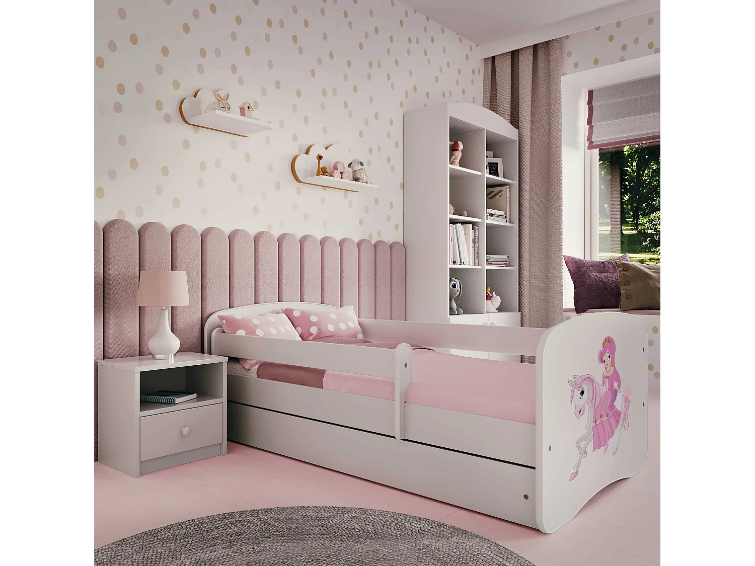 Lit enfant avec tiroir et barrière, matelas inclus - Princesse à Cheval - 70 x 140 cm